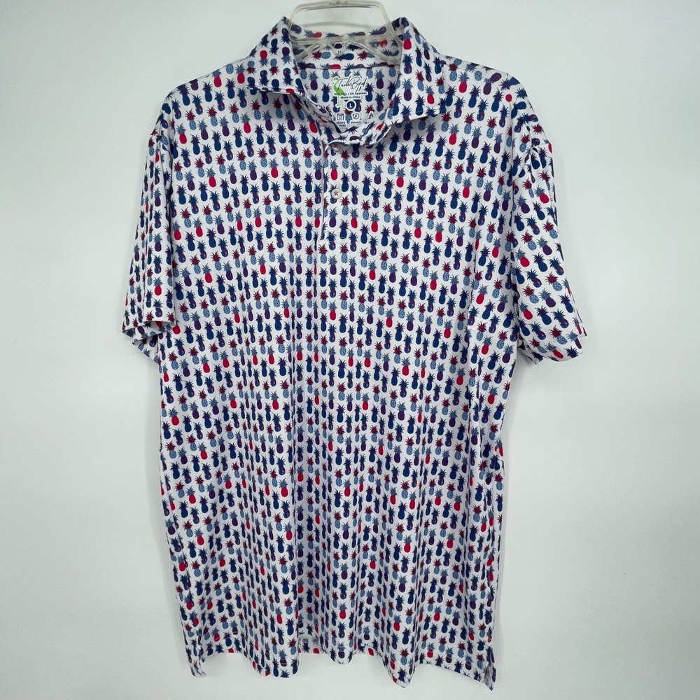 Tailor Byrd Pineapple Print Golf Polo Shirt Mens Large White Blue Short Sleeve‎